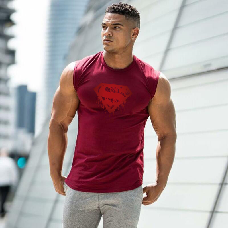 T-shirt senza maniche per sport estivi da uomo Bodybuilding Fitness Superman Canotta attillata in puro cotone Abbigliamento da allenamento per la corsa_voghion.com