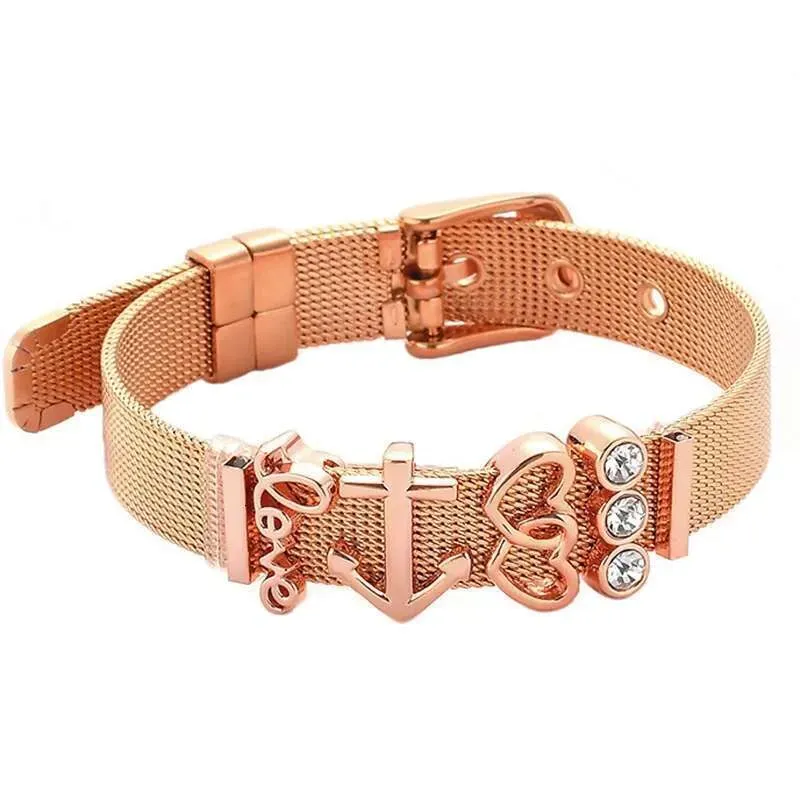 Fashion Stainless Steel For Woman Men Mesh Set Crystal Heart Anchor Charm Fine Bracelet Bangle Female Lover_voghion.com