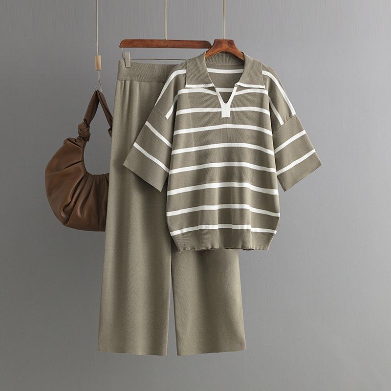 Women's Clothing contrast striped fashion suit new casual loose knitted wide leg pants two piece suit_voghion.com