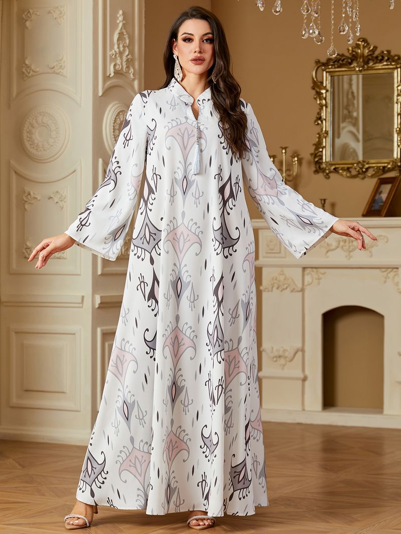 Elegant Digital Print Muslim Abaya Dress For Women - Modest Long Sleeve Maxi Dress With Silver Pendant Detail, Polyester Fabric, Available In White_voghion.com