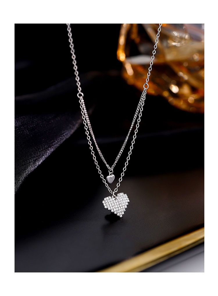 Silver Full Diamond Double Layer Heart Necklace Ins Design Sense, Niche Light Luxury Pendant, Collarbone Chain For_voghion.com