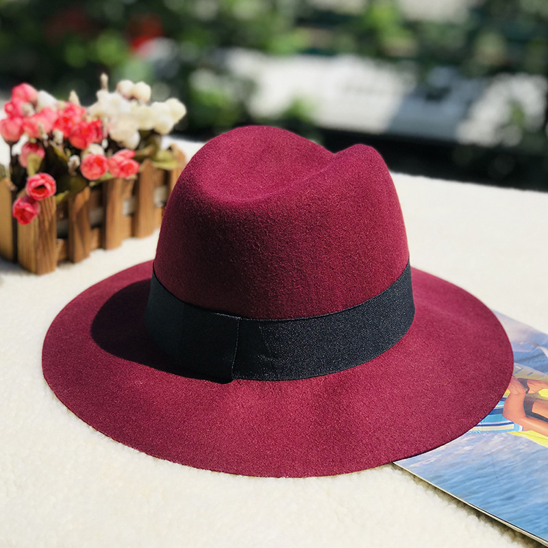 Autumn and winter oblique top hat British pepper letter M wool wide brim hat wool hat_voghion.com