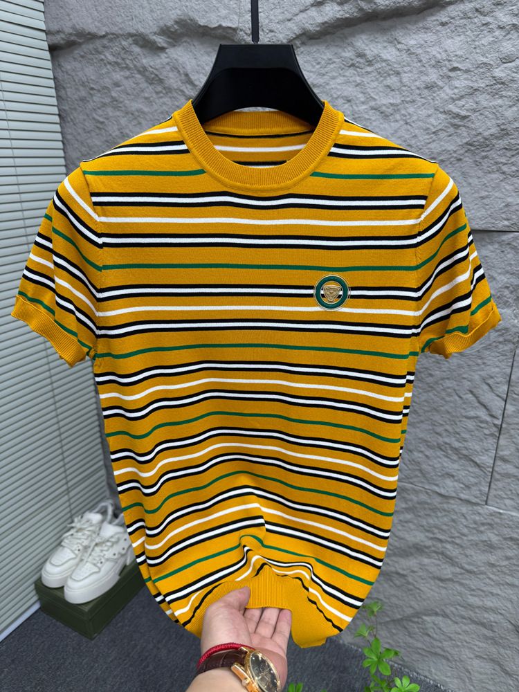 Maglietta a maniche corte estiva da uomo, tendenza giovanile, a righe, in seta ghiacciata, a mezza manica, scollo rotondo, polo sottile._voghion.com