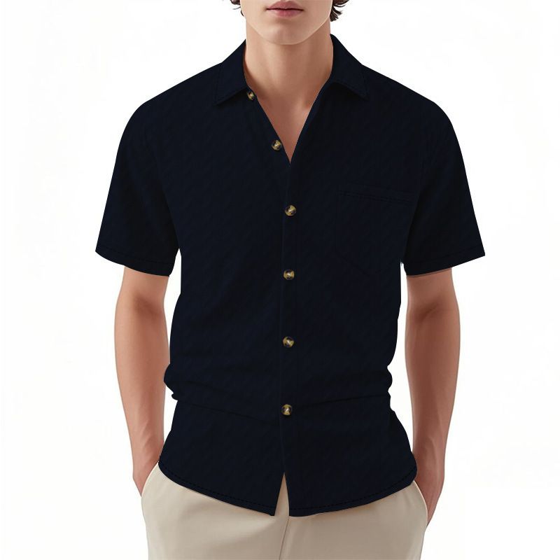 Men's Short-sleeved T-shirt Casual Jacquard Slim Breathable Lapel Short-sleeved Shirt_voghion.com