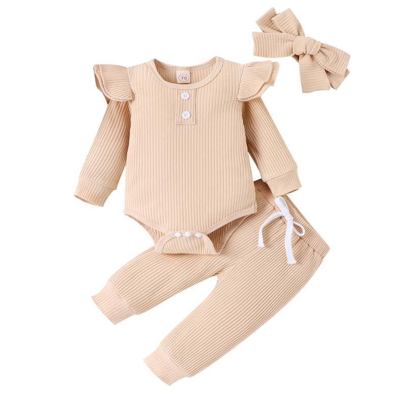 Babykleidung, einfarbig, lässig, Pit-Strip, Langarm, kleine fliegende Ärmel, einteilige Harshirt-Hose, dreiteilige Schleife, Kopftuch_voghion.com