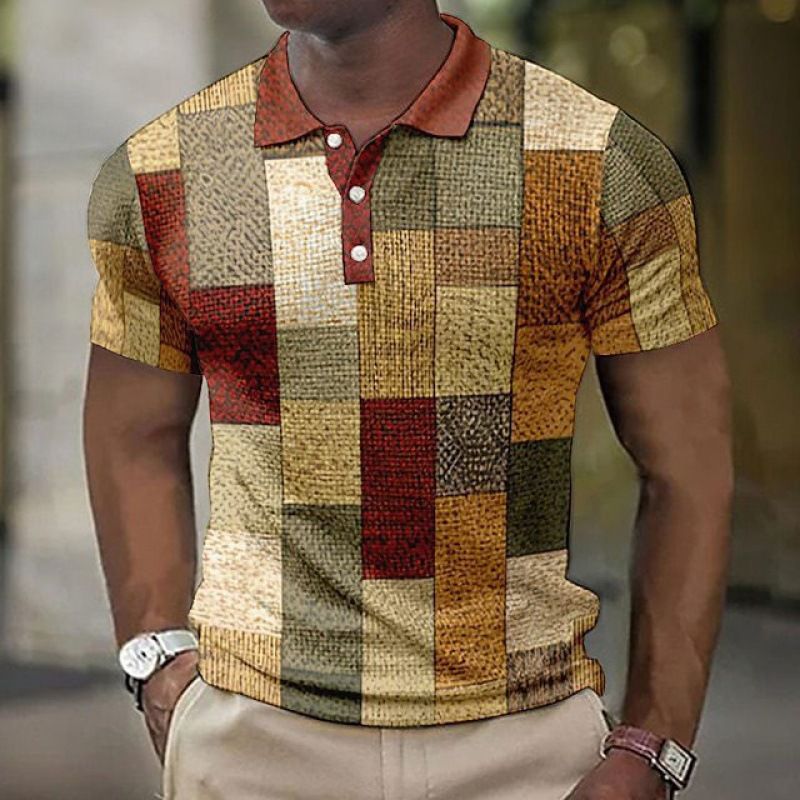 Men's Button-down Polo Shirt Plaid Pattern Turn-down Collar Trendy 3D Digital Print Short Sleeve Loose Casual Simple_voghion.com