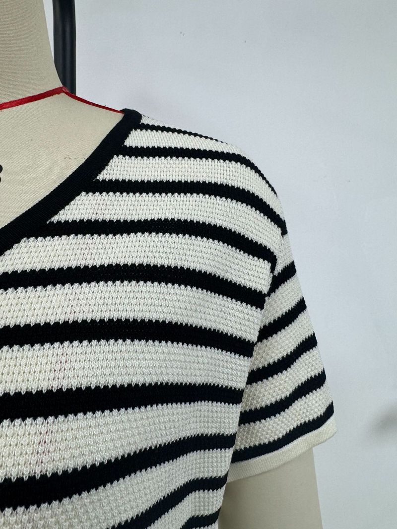 Cardigan da donna a righe in maglia a maniche corte con scollo a V – Maglia leggera da indossare a strati per la primavera e l'estate_voghion.com
