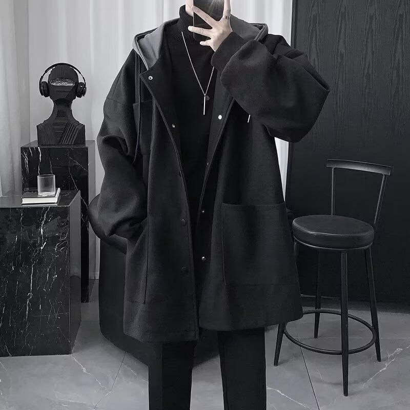 Wool Coat Men's Autumn And Winter Woolen Medium And Long Hooded Jacket Black Korean Loose Padded Warm Couple Clothes_voghion.com