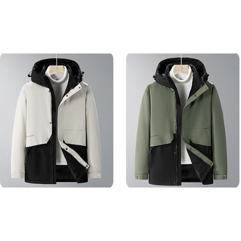 Giacca da uomo invernale di alta qualità 2024, comoda e di media lunghezza, alla moda, con blocchi di colore, nera e oro._voghion.com