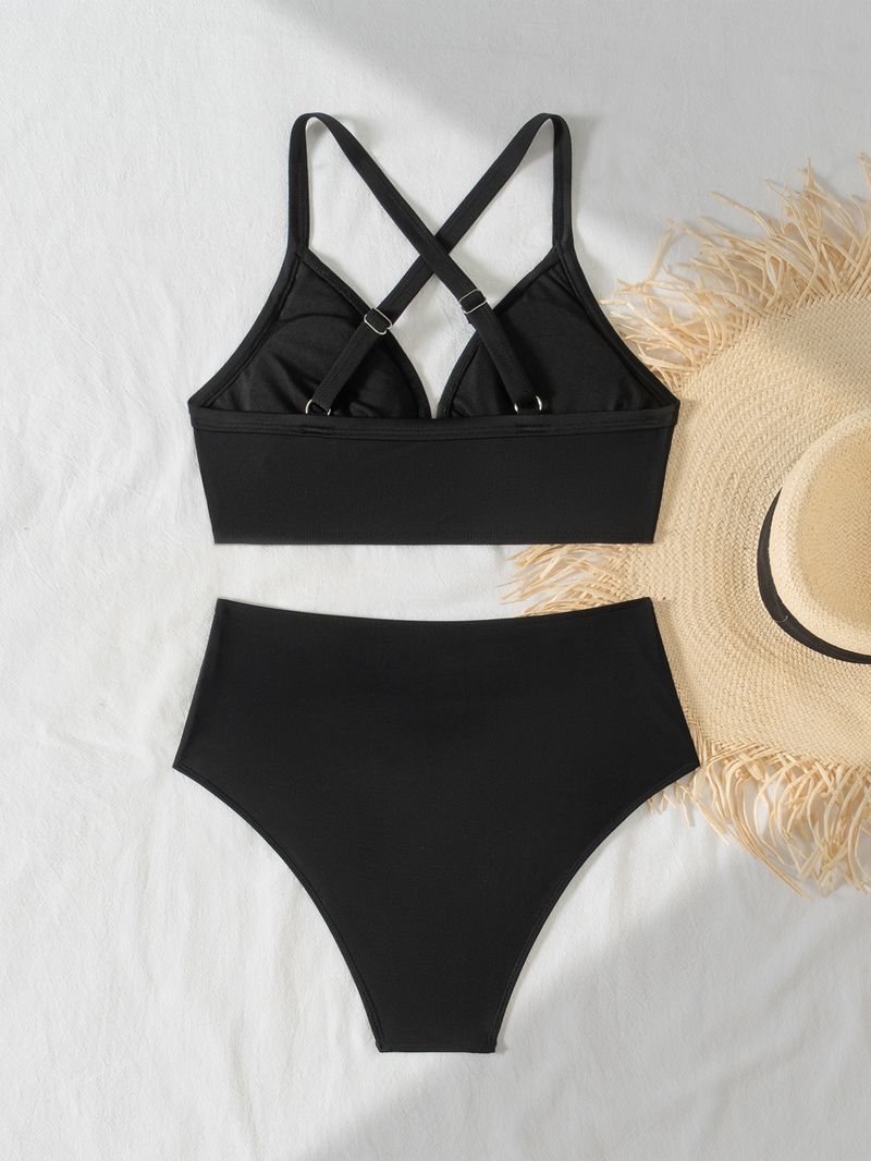 2026 New Bikini Push-Up Strap Top Ruched Triangle Bottom Sexy Solid Color Swimsuit Set_voghion.com