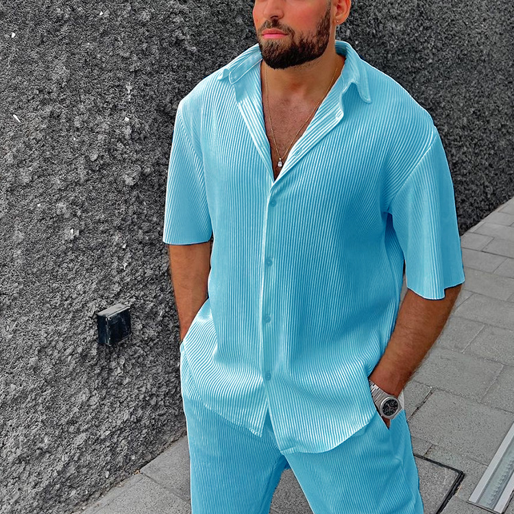 Men's casual loose fitting beach outfit, solid color striped short sleeved set, men's shirt two-piece set_voghion.com