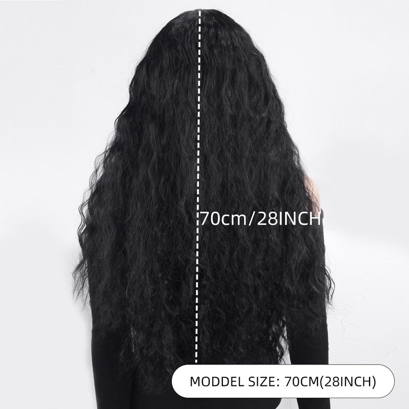 Parrucca con extension per capelli, nuova parrucca per donna, capelli neri ricci alla moda, ondulati, ricci di mais, riga centrale, frangia, copricapo completo._voghion.com