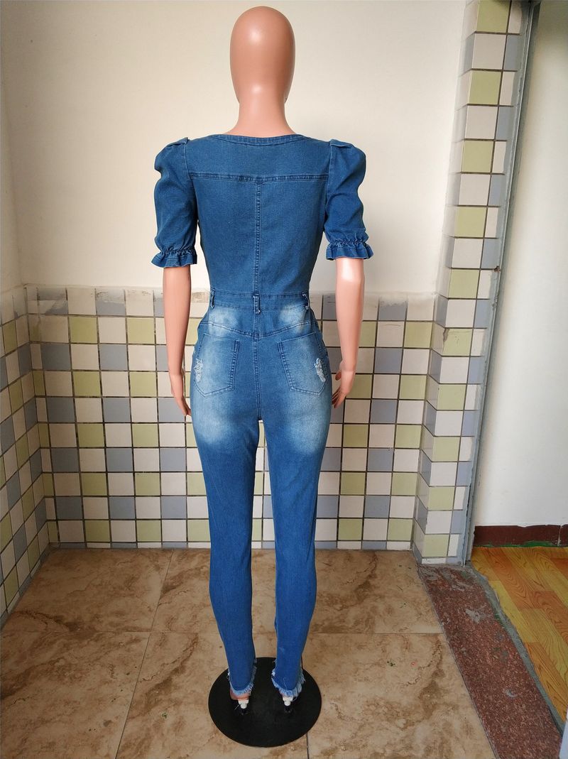 Sieviešu modes ikdienas seksīgs džinsa romperis ar baltu caurumu_voghion.com