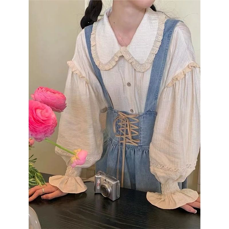 ChicShe Two-Piece Set Denim Vintage Strap Dress Women's Outfit 2024 Spring New Style + Doll Collar Lace Blouse Versatile_voghion.com