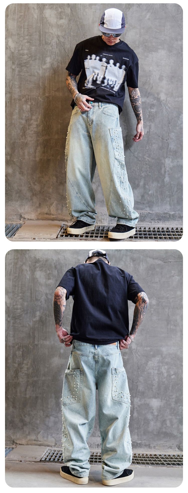 Handcrafted Beaded Denim Jeans – Vintage Washed Wide-Leg Streetwear Pants For Men (S-3XL)_voghion.com