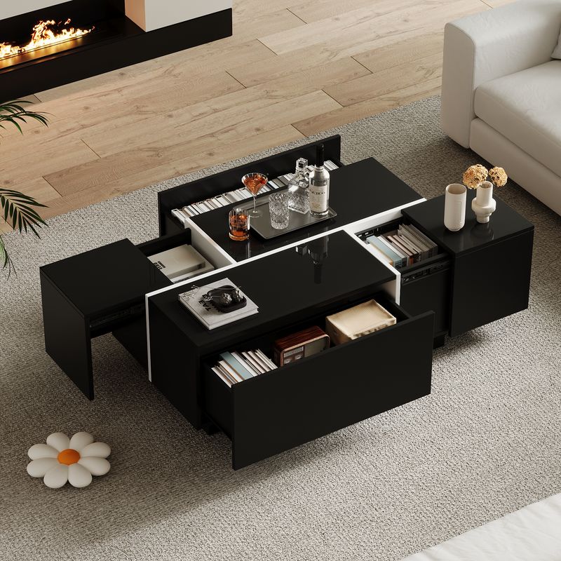 Table basse carrée noire moderne 100 x 60 x 40 cm, finition patchwork brillante, 4 tiroirs et plateau coulissant, supporte jusqu'à 30 kg._voghion.com