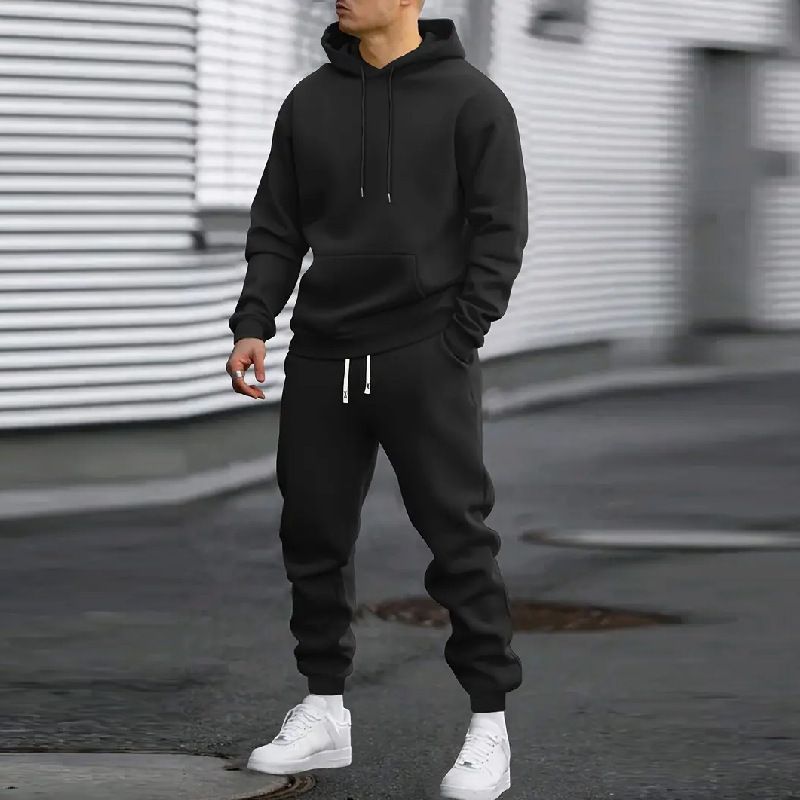 Conjunto esportivo casual masculino primavera outono, moletom com capuz e calça de cós liso_voghion.com