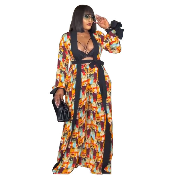 Women's digital printed suit with cape and robe paired with printed loose wide-leg pants and trousers with belt_voghion.com