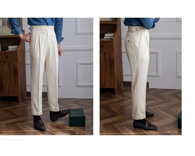 Herrenbekleidung Lässige Anzughose mit hoher Taille Herren Herbst Paris Schnalle Business Drape Gerade Hose Naples Retro Drape Anzughose_voghion.com