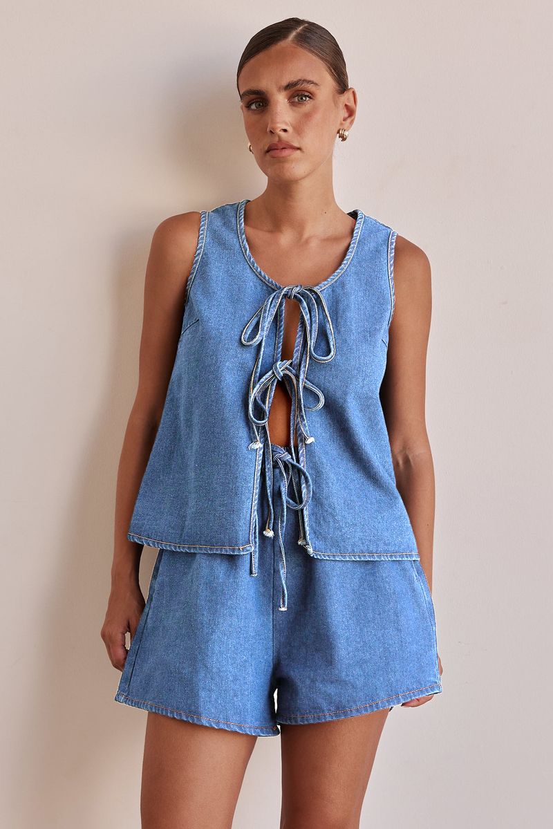Women's Clothing Summer Fashion Casual Sleeveless Lace Up High Waist Women's Vest Denim Suit Shorts Women_voghion.com