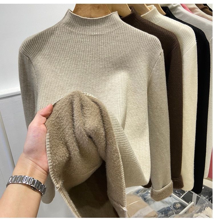 Maglia invernale da donna in maglia con fodera in pile, manica lunga, collo semi-dolce, strato di base termico, vestibilità slim, colore puro_voghion.com