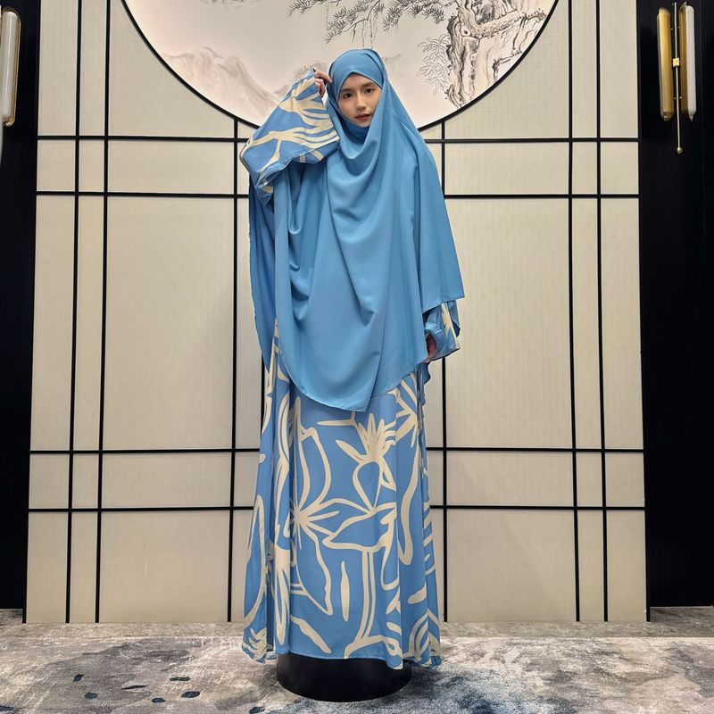 Women's Clothing Ladies Long Sleeved Robe Abaya Non Positioning Color Dress Print With Headscarf Two Piece Set_voghion.com