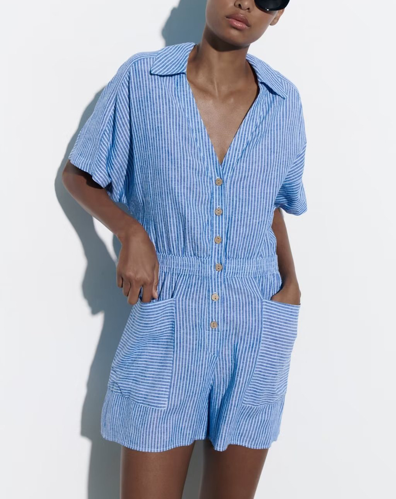 Women's Clothing Summer New Lapel Loose Waist Linen Blended Striped Short Jumpsuit_voghion.com
