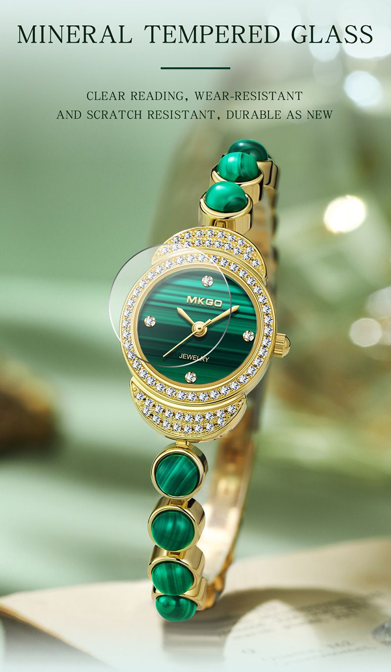 Elegante orologio da donna con bracciale decorato con pietre preziose verde pavone e diamanti - Movimento al quarzo giapponese, resistente all'acqua fino a 30 m, chiusura in acciaio inossidabile_voghion.com