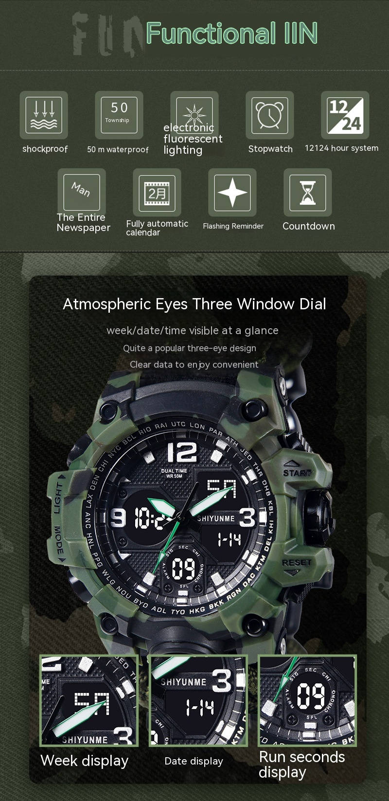 Nuevo reloj de pulsera con diseño de paraguas y cuerda, reloj electrónico con silbato, brújula y termómetro, reloj deportivo para exteriores para hombre._voghion.com