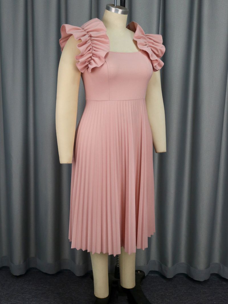 Women's Clothing Elegant Square Neck Sleeveless Pleated Midi Dress - Flattering High Waist Design In Soft Pink, Perfect For Casual & Office Wear_voghion.com