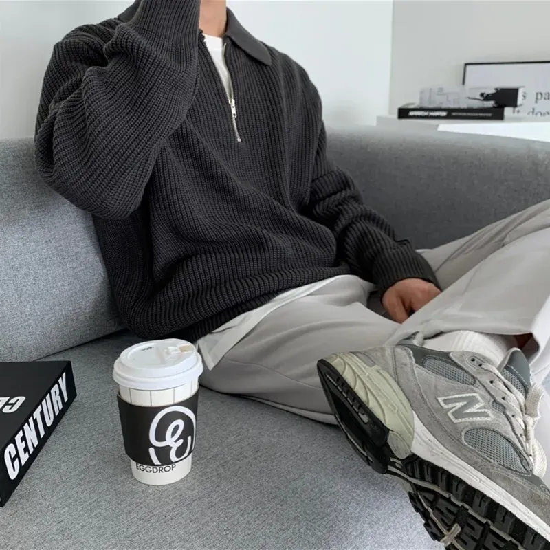 Autumn/Winter Men's Sweater With Half Zipper, Japanese Vintage High-End Knitted Top In Casual Style, Loose Fit, Reverse Sweater_voghion.com