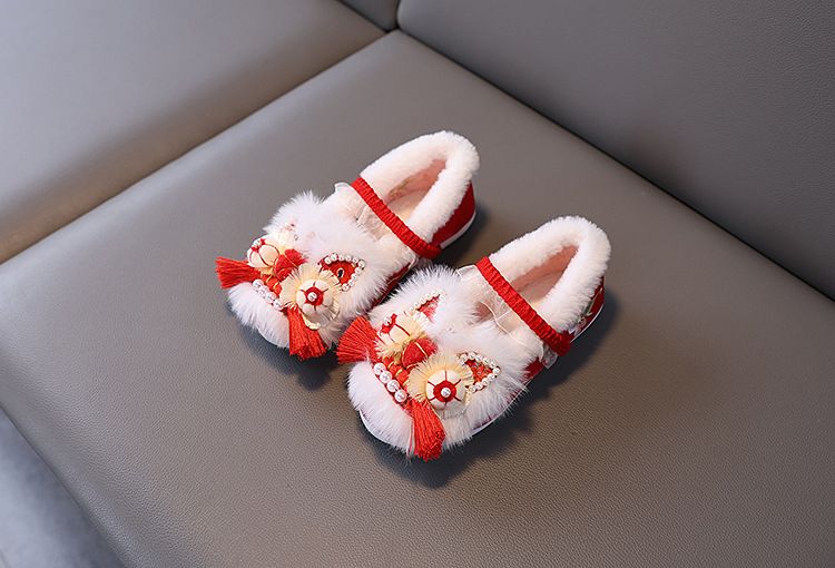 Hanfu d'hiver ShoeGlobe pour filles avec doublure polaire, jupe brodée style chinois à tête de cheval, chaussures pour enfants faites main à tête de tigre, neuf_voghion.com