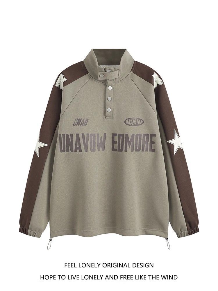 Sweat-shirt à col montant boutonné en patchwork de couleurs américaines Arc Atelier pour homme, nouveau haut à col semi-montant pour l'automne_voghion.com