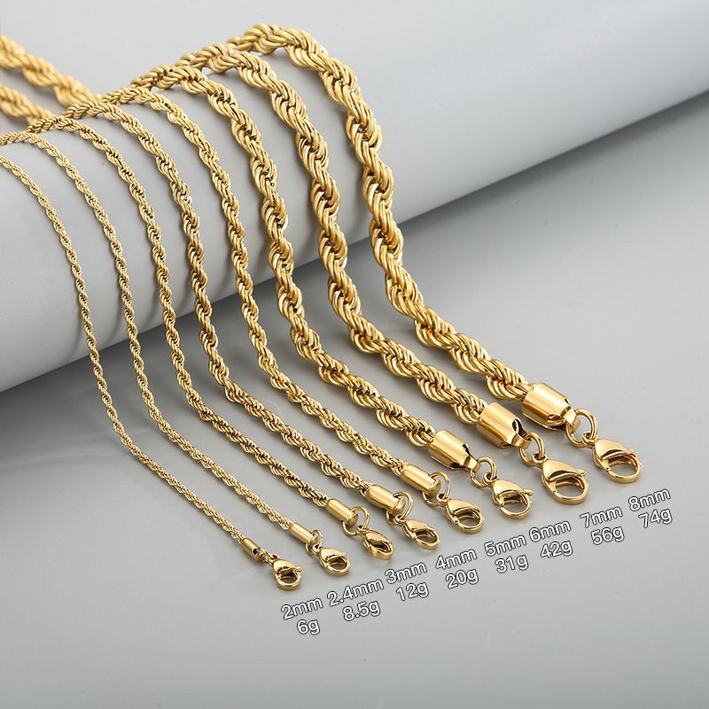 Vendite calde 2mm-8mm Oro Colore Twist Catena Corda Collane Per Uomo Donna Hiphop Acciaio Inossidabile Catene Impermeabili Collana Choker_voghion.com