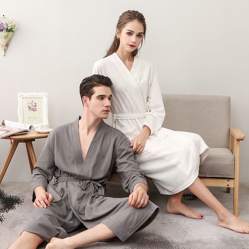 Couple's Waffle Robe - V-Neck Lightweight Bathrobe Set_voghion.com