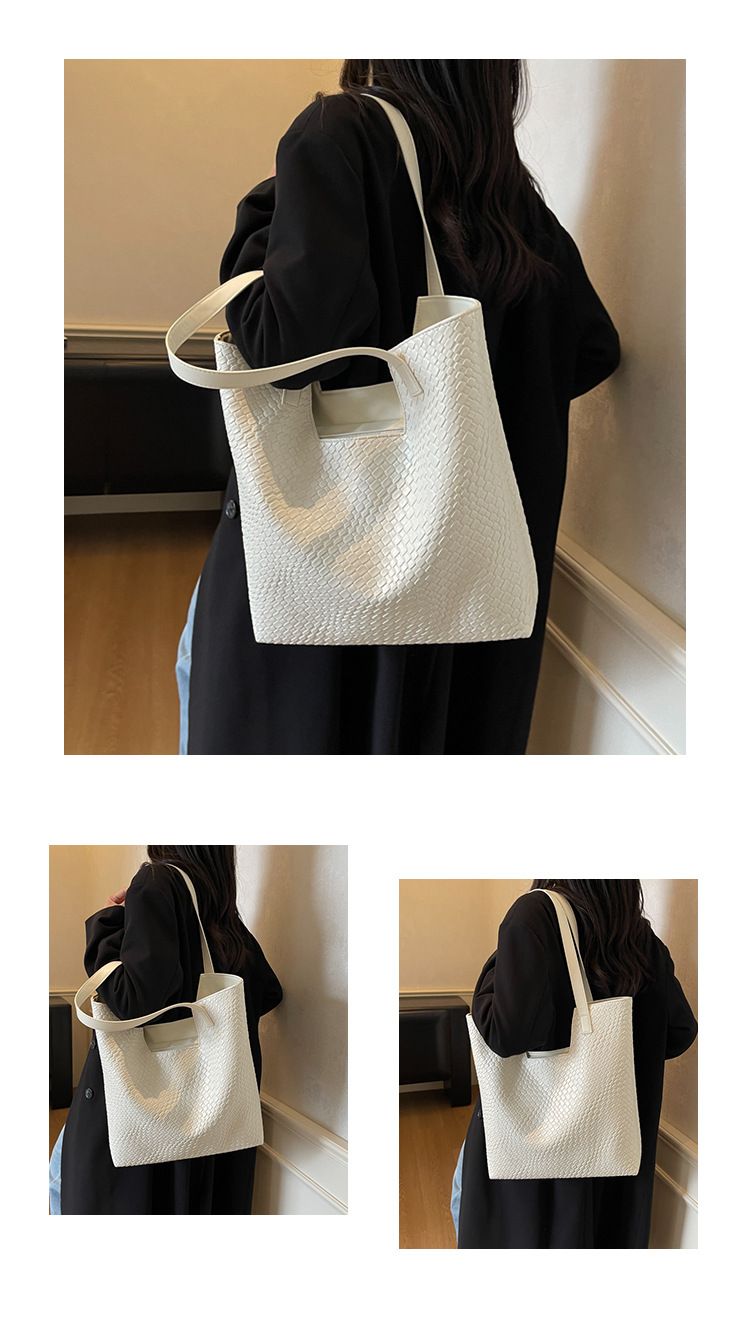 Women's Large Capacity Woven Tote Bag For Work & Travel, Stylish Shoulder Bag With Zipper Closure, Black/Beige/Khaki/Brown_voghion.com