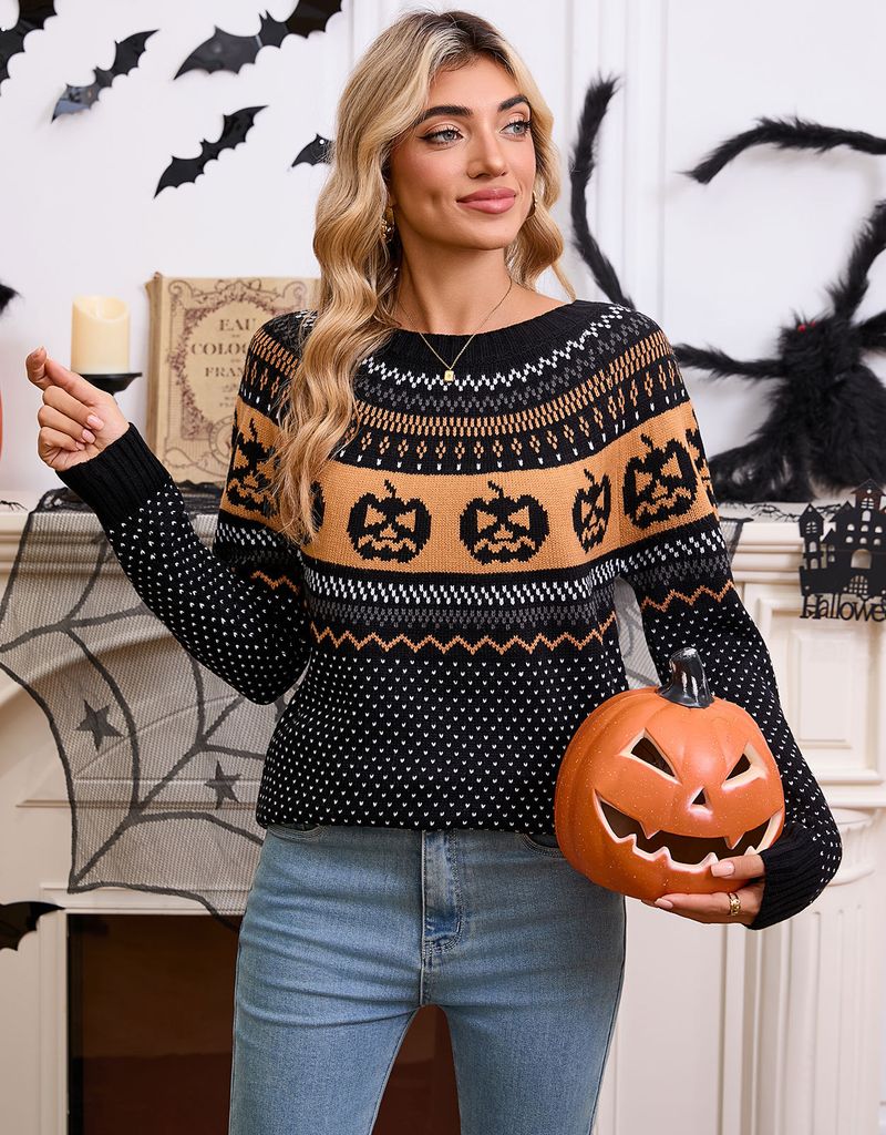 Premium-Pullover mit Halloween-Kürbis-Stickerei | Handgenähtes Tupfendetail | Recycelte Baumwollmischung | GRS-zertifiziert | Europäisches Retro-Festival-Outfit_voghion.com