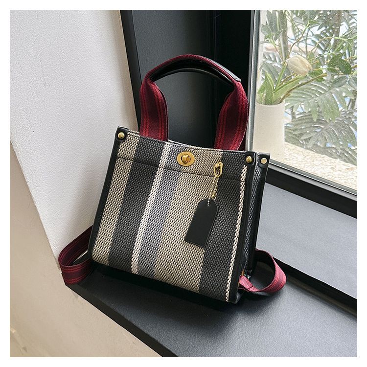 Borsa tote da donna, borsa tote a mano alla moda a righe da donna, borsa a tracolla monospalla in tela color-block di grande capacità_voghion.com