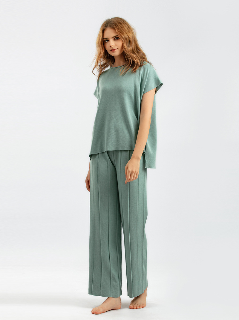 Chaleco sin mangas de color liso para mujer, suéter, pantalones de pierna ancha, traje de seda de hielo de talla grande_voghion.com