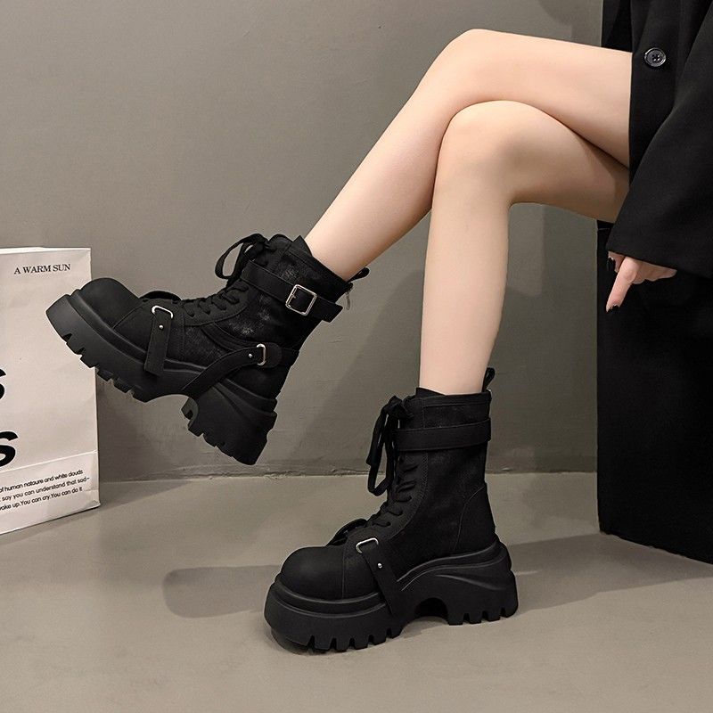 Chunky-Soled Women's Boots Fall/Winter 2025 New Height-Enhancing Work Boots Solid Yellow Boots_voghion.com