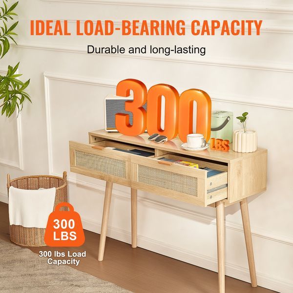 Rattan Console Table With 2 Storage Drawers Rattan Sliding Door Natural_voghion.com