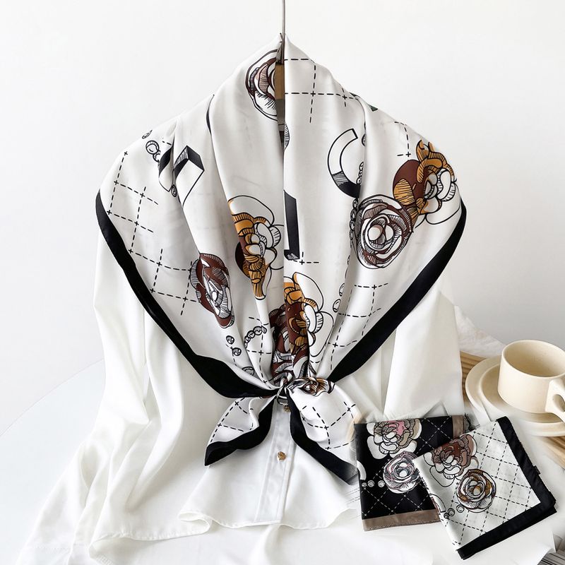 Neuer 90er Seidenschal mit kontrastierendem Buchstabenstreifen-Design, dünner quadratischer Schal, leicht, atmungsaktiv, Sonnenschutzschal_voghion.com