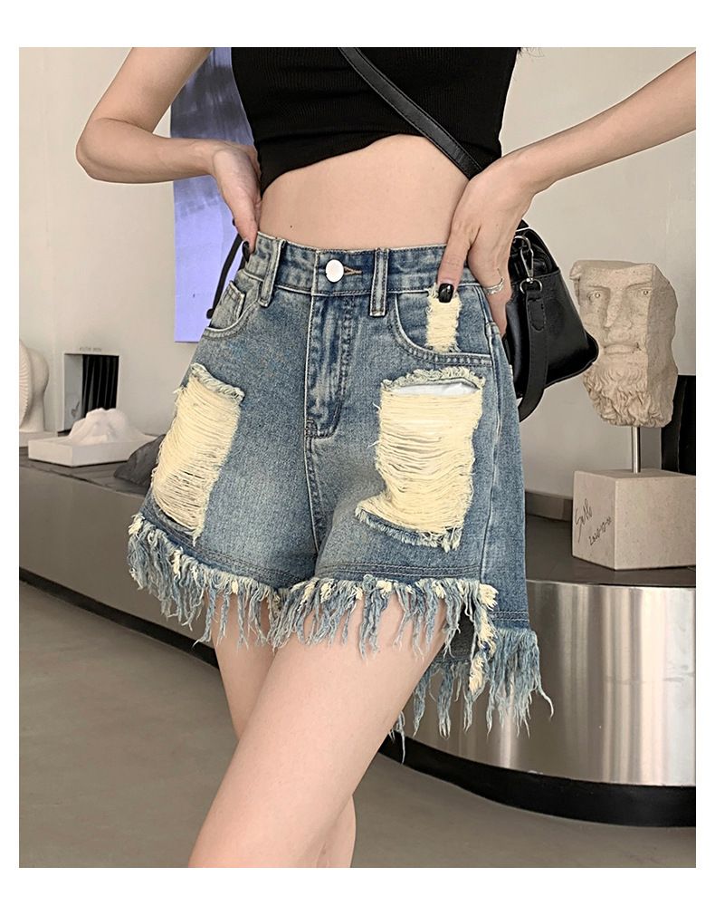 Worn worn-out denim shorts for women in summer, distressed high waisted, loose versatile, with raw edges, straight wide_voghion.com