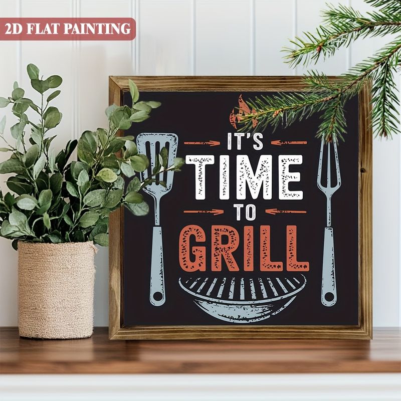 Placa rústica de madeira "É hora de grelhar" - Arte para churrasco de 20x20 cm. Perfeita para cozinha, quintal ou como presente de verão._voghion.com