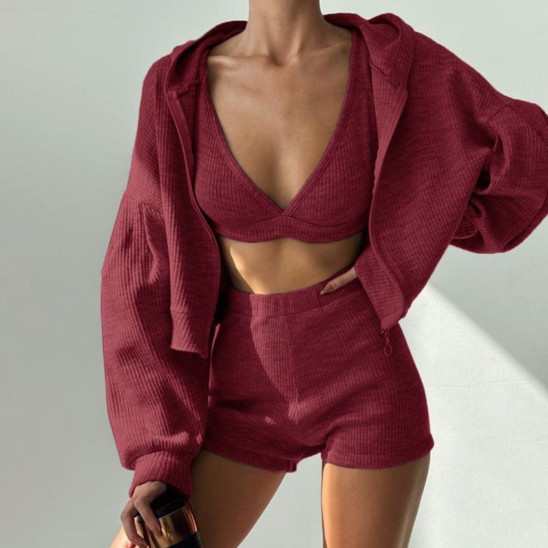 Basic Solid Color Hooded Loose Zipper Jacket Tank Top + Shorts Casual Three-Piece Set_voghion.com