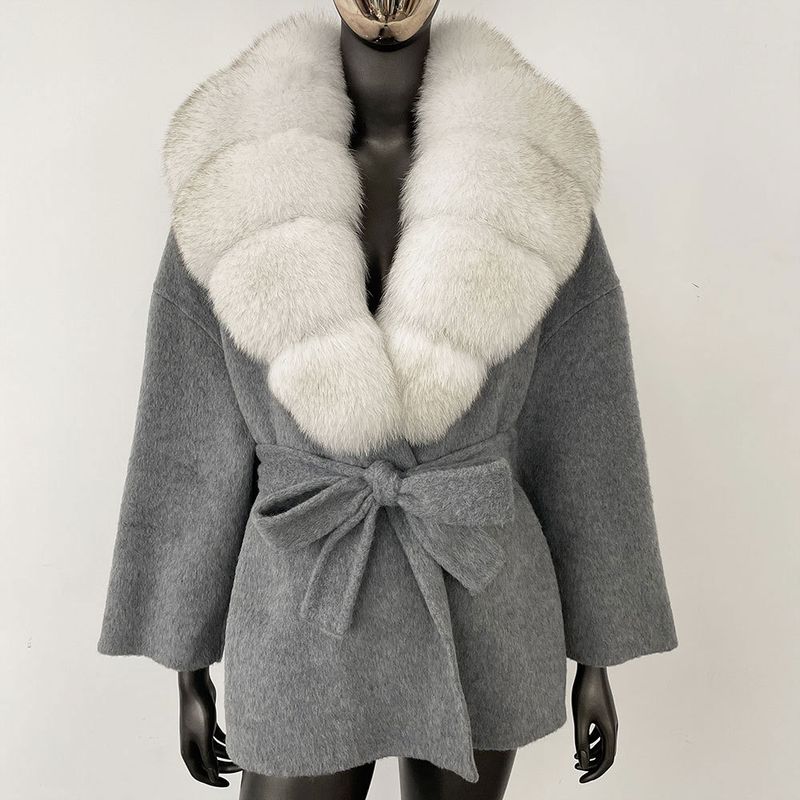 Kurzer Wollmantel für Damen mit Fuchspelzkragen – doppelseitige, übergroße Trenchcoatjacke, lässige, elegante Oberbekleidung, Winterblazer mit Gürtel (S/M)_voghion.com