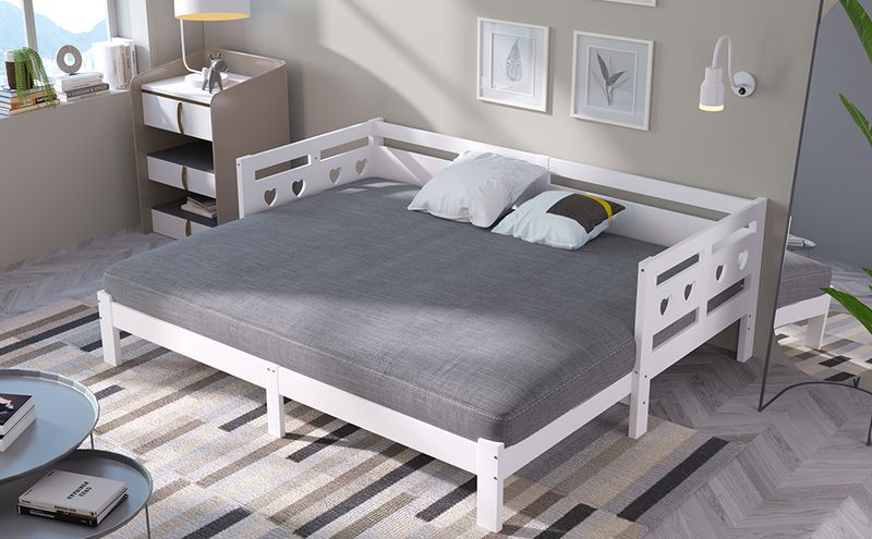 Tagesbett 90x200cm Ausziehbar, Massivkiefer, Mit Rollrost Herzform, Weiß_voghion.com