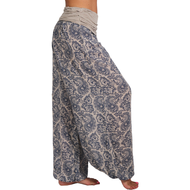 Roupas femininas Impressão digital Calças longas e largas Calças casuais Calças harém_voghion.com