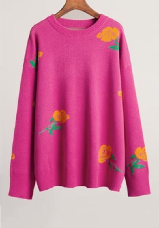 2024 New Fashion Rose Print Round Neck Knitted Sweater Autumn Winter Loose Pullover Sweatshirt_voghion.com