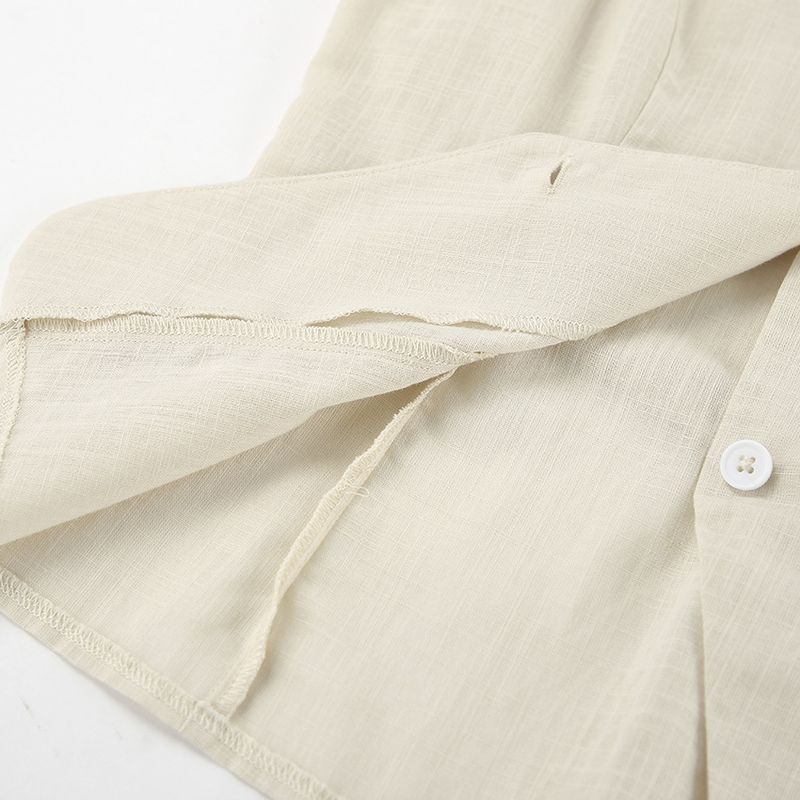 Traje informal de dos piezas de estilo europeo y americano, con cuello en V, sin mangas, de algodón y lino, color caqui francés, 2025_voghion.com